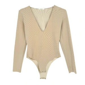 Samantha Eng. Ribbed Long Sleeve Deep V-Neck Bodysuit in Cream Beige Medium